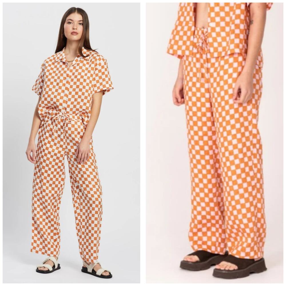 Holiday Emma Mulholland Orange Checkered Linen Pants Size Small Wide Leg